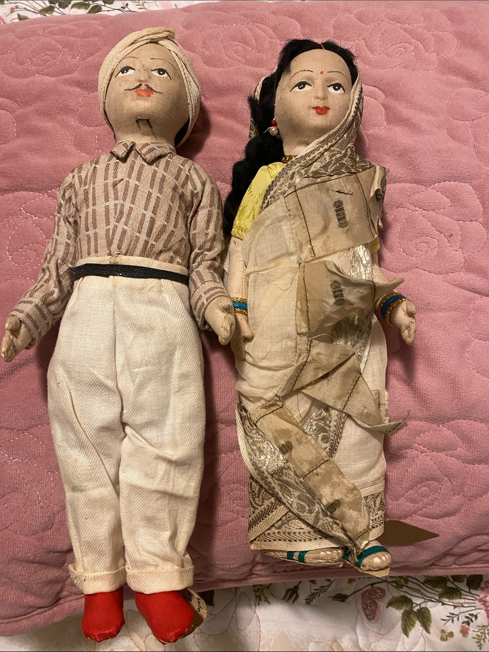 Handmade Traditional Fabric Dolls Set - Beige, Cream & Red